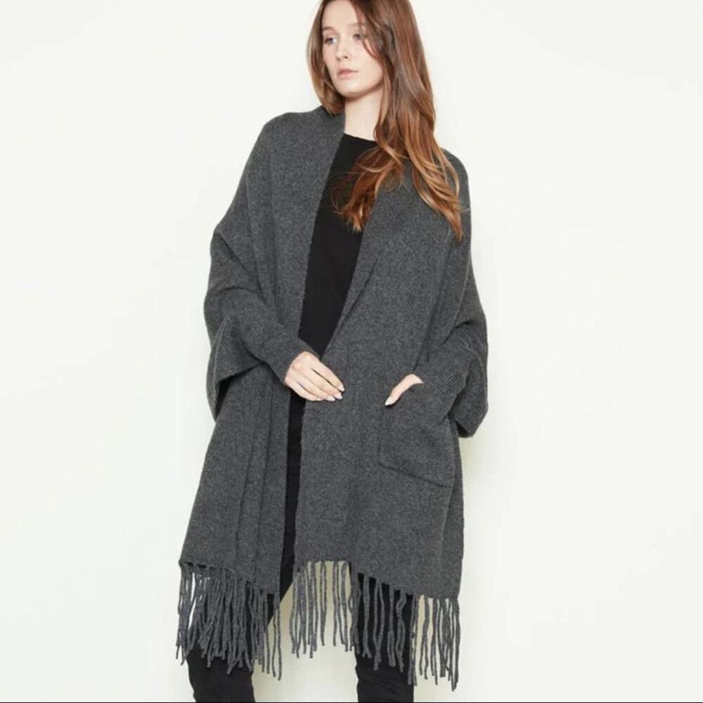 Look by M Fringe Shrug Cape Cardigan Charcoal